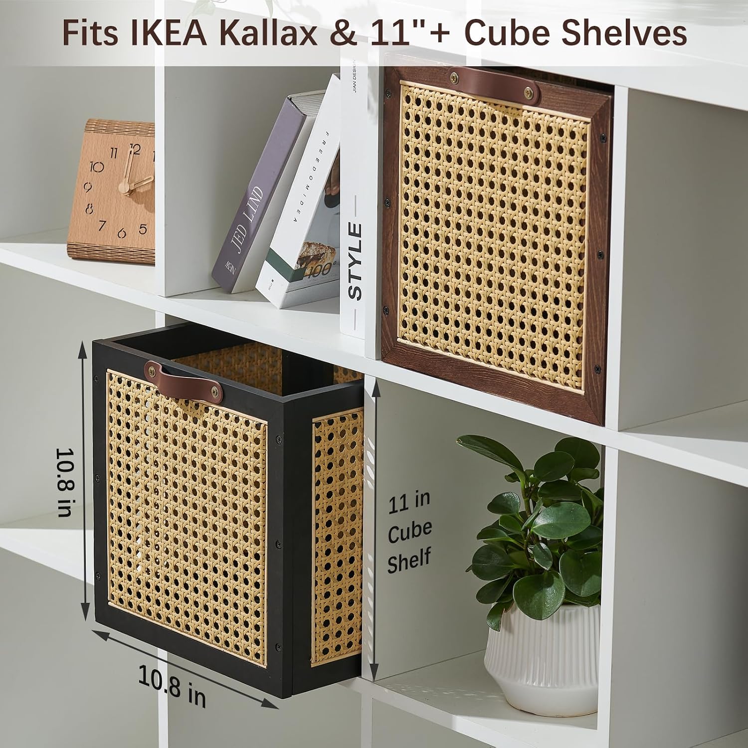 Walnut Wood Rattan Woven Storage Cube Bin