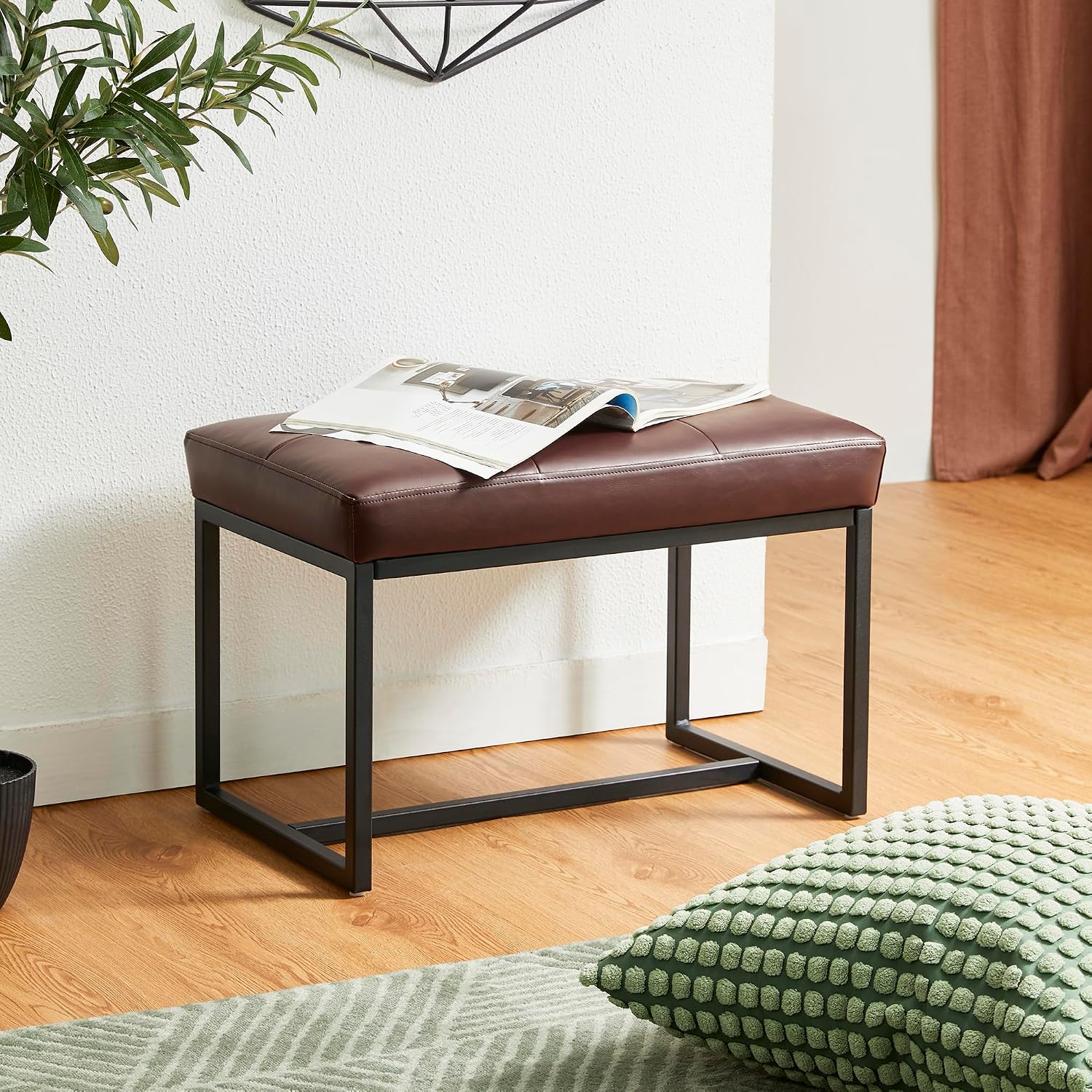 Brown PU Leather Metal Frame Vanity Ottoman Stool