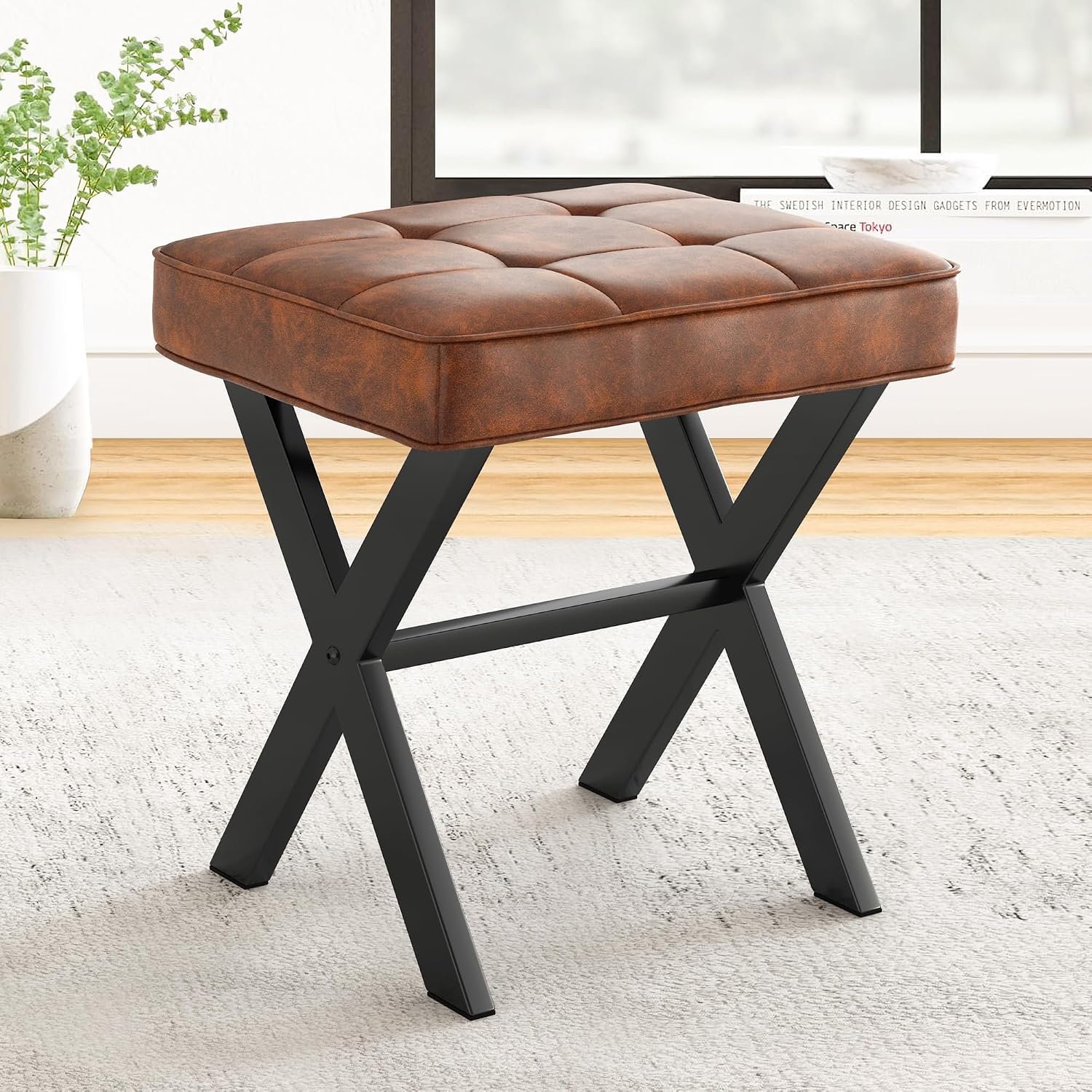 Reddish Brown Square Faux Leather X-Leg Vanity Stool
