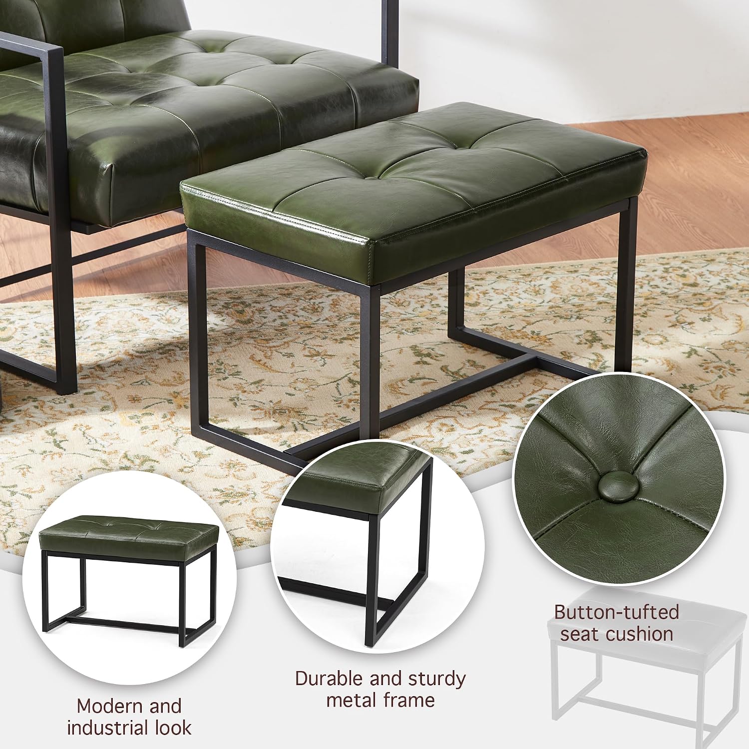 2 Pack Green PU Leather Metal Frame Vanity Ottoman Stools