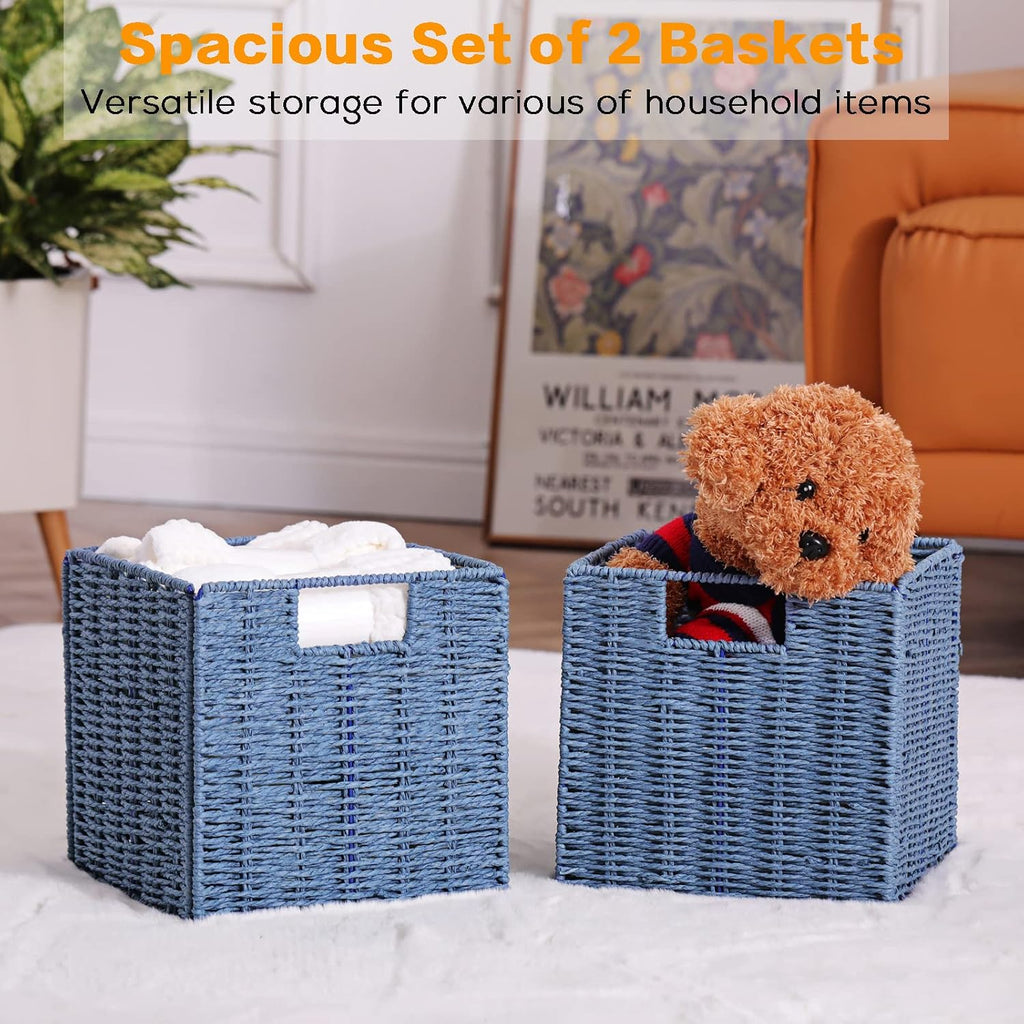 2 Pack Blue Foldable Large Wicker Cube Storage Baskets