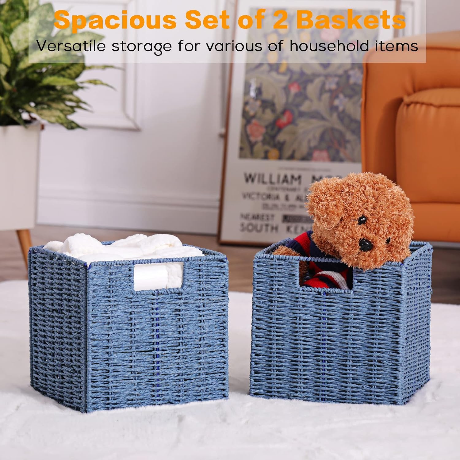 2 Pack Blue Foldable Large Wicker Cube Storage Baskets