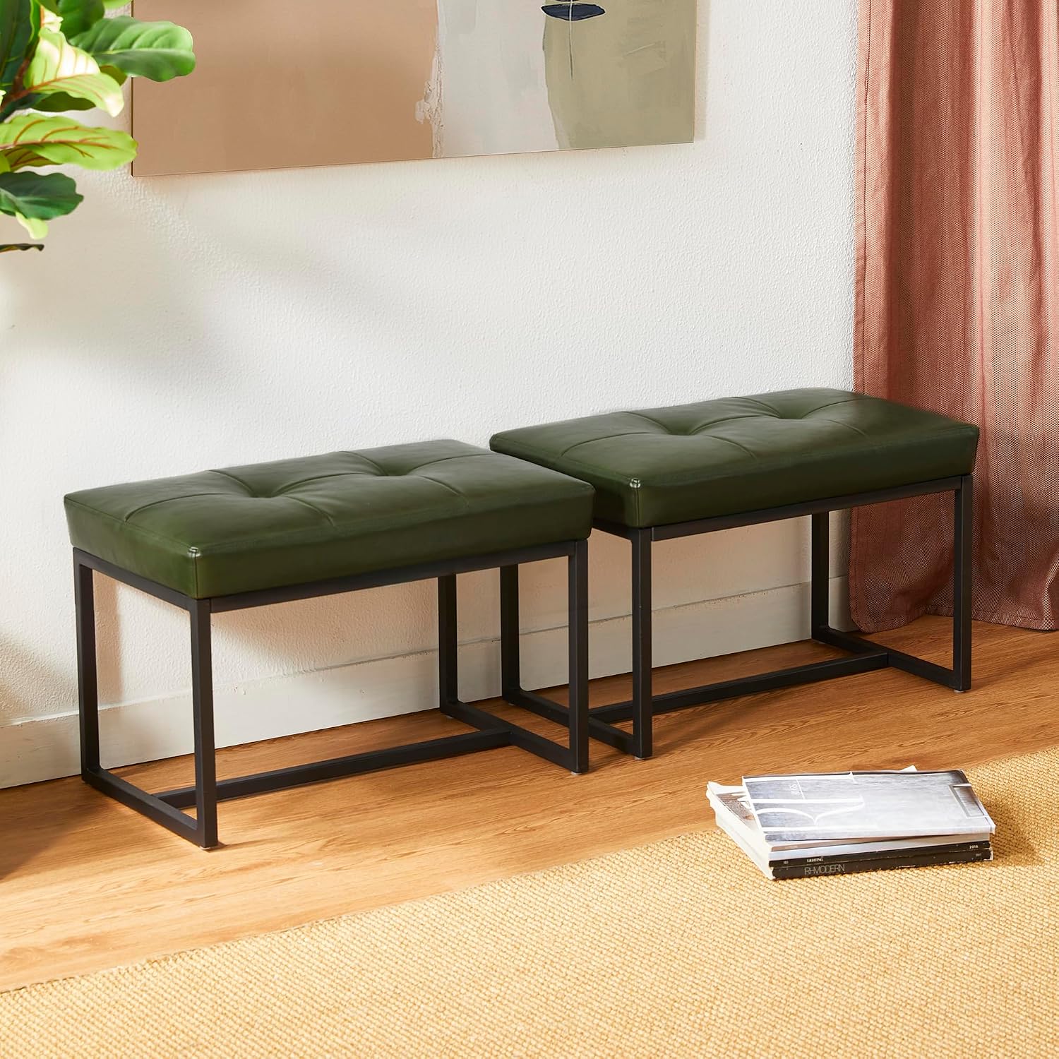 2 Pack Green PU Leather Metal Frame Vanity Ottoman Stools