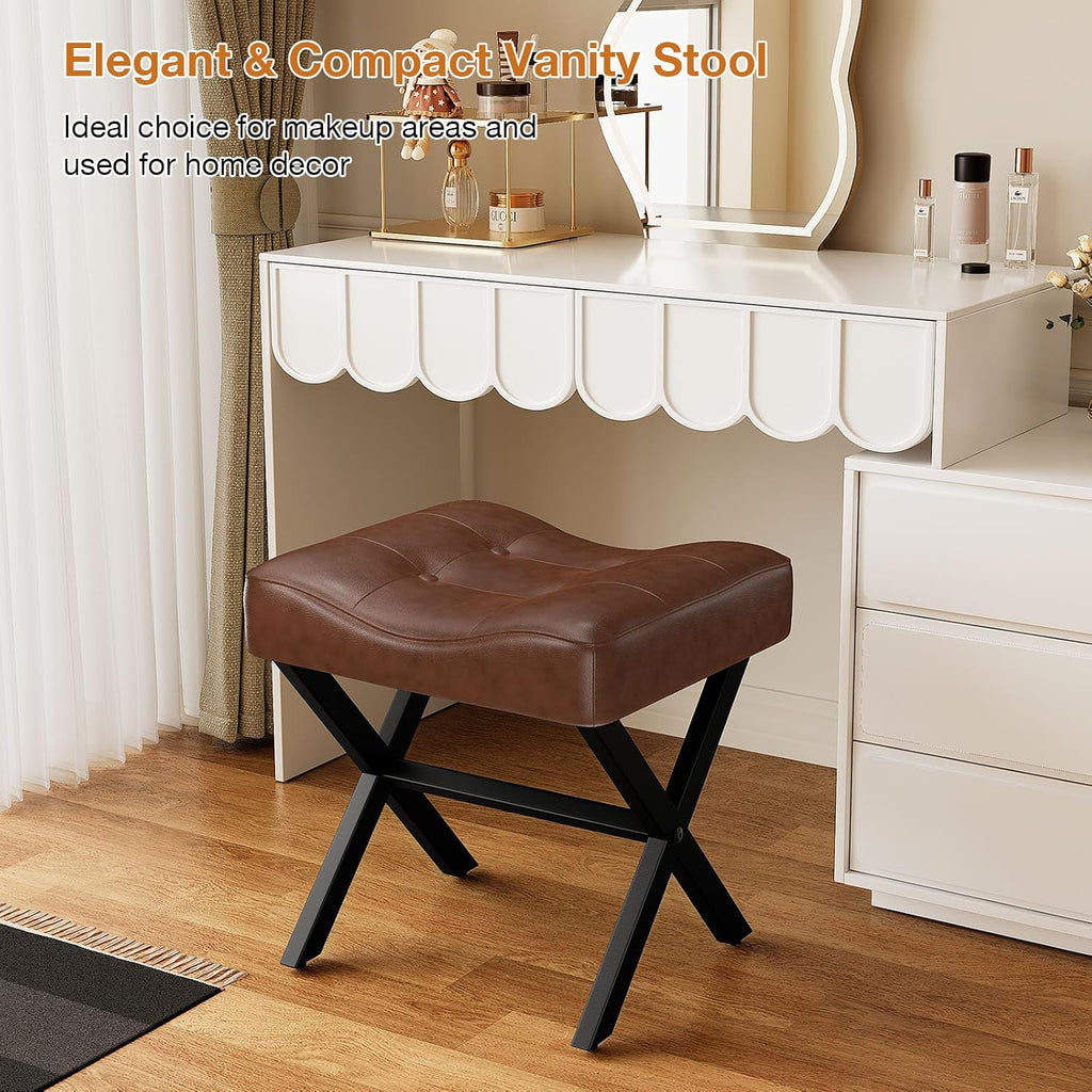 Dark Brown Large Leather X-Leg Vanity Stool
