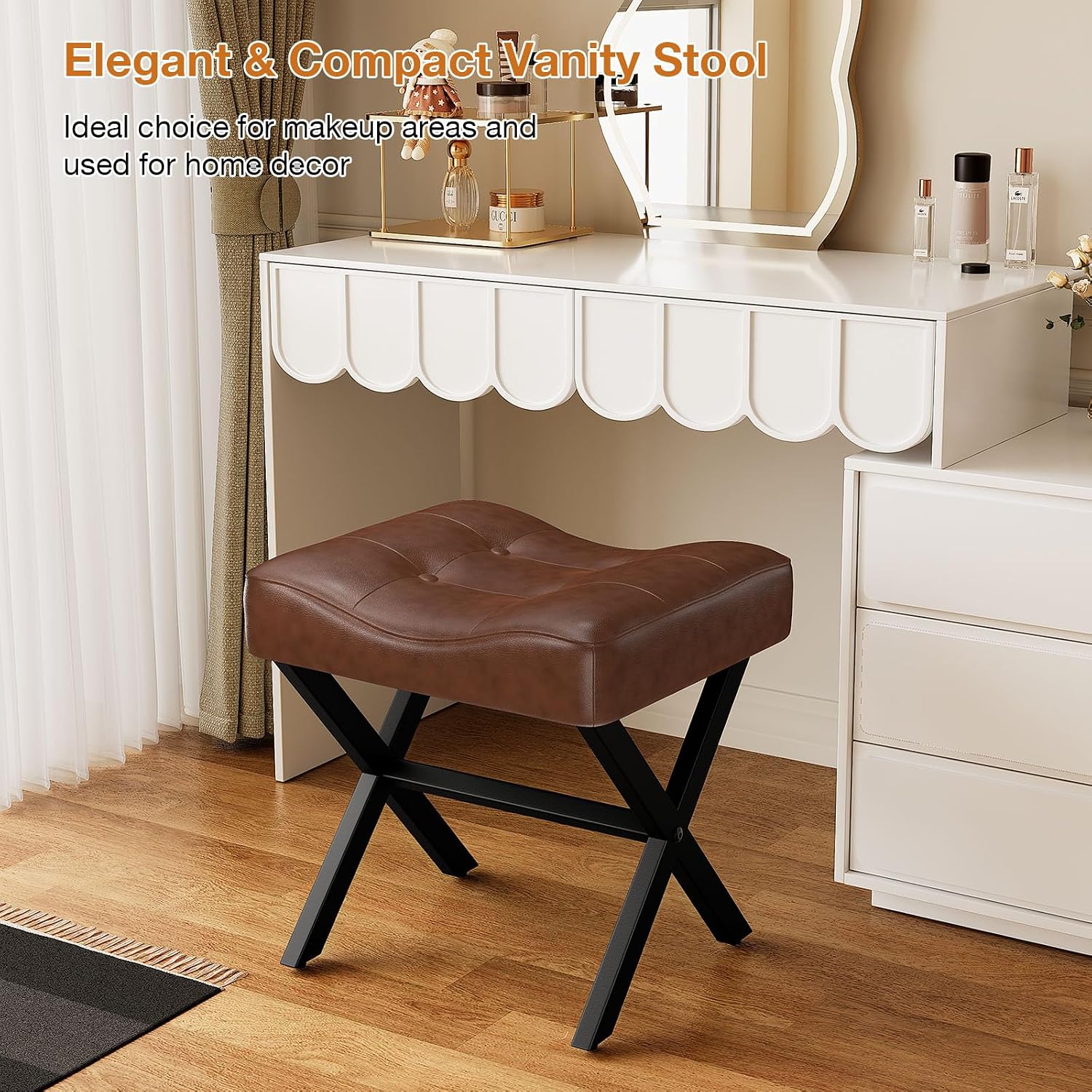 Dark Brown Large Leather X-Leg Vanity Stool