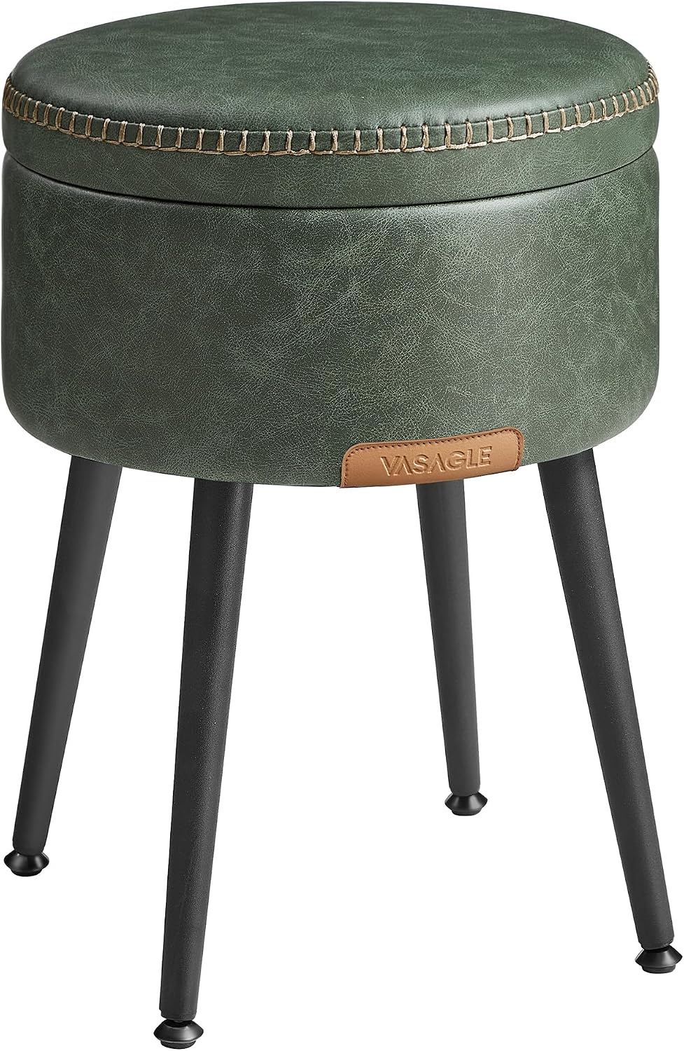 Forest Green Round Stitched Faux Leather Storage Ottoman