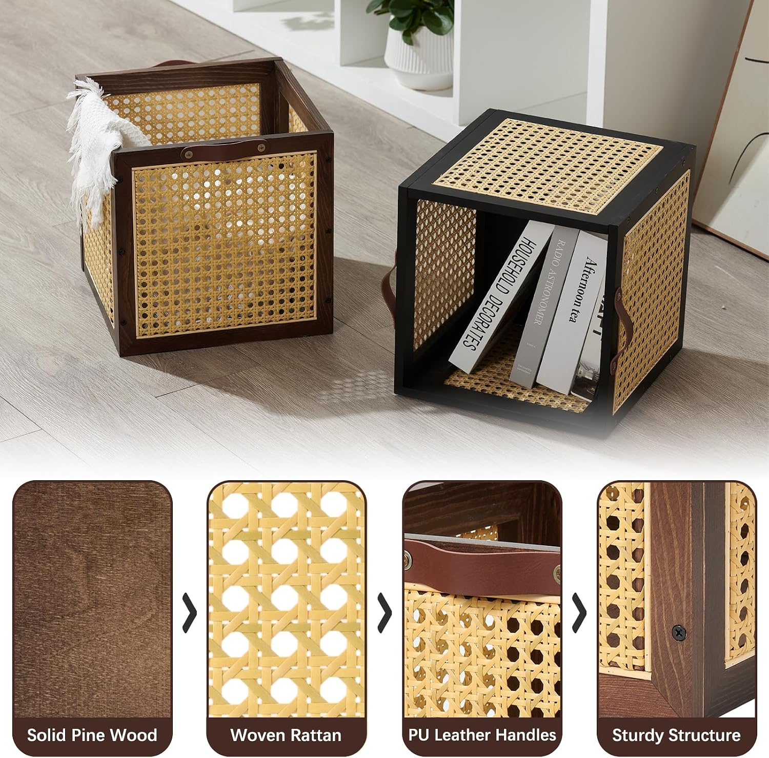 Walnut Wood Rattan Woven Storage Cube Bin