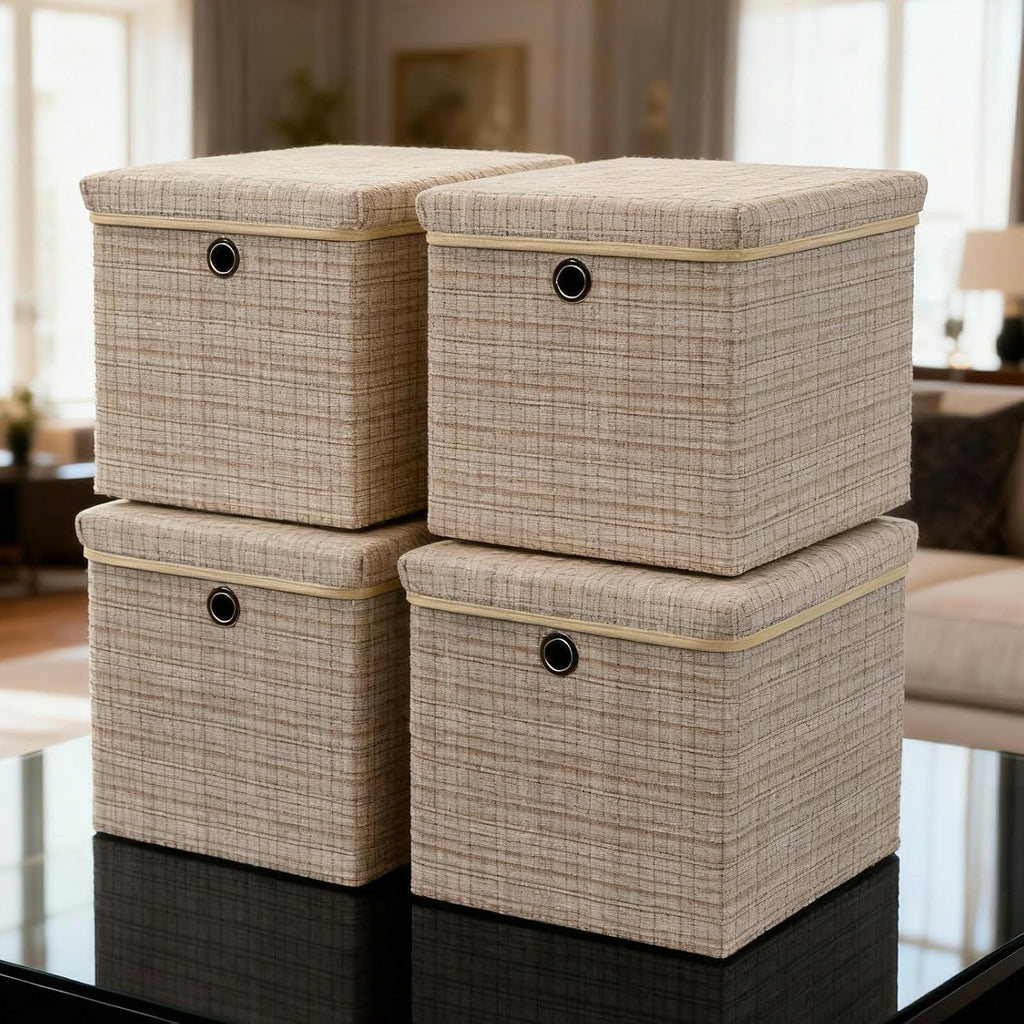 4 Pack Shining Beige Lidded Collapsible Fabric Storage Cubes