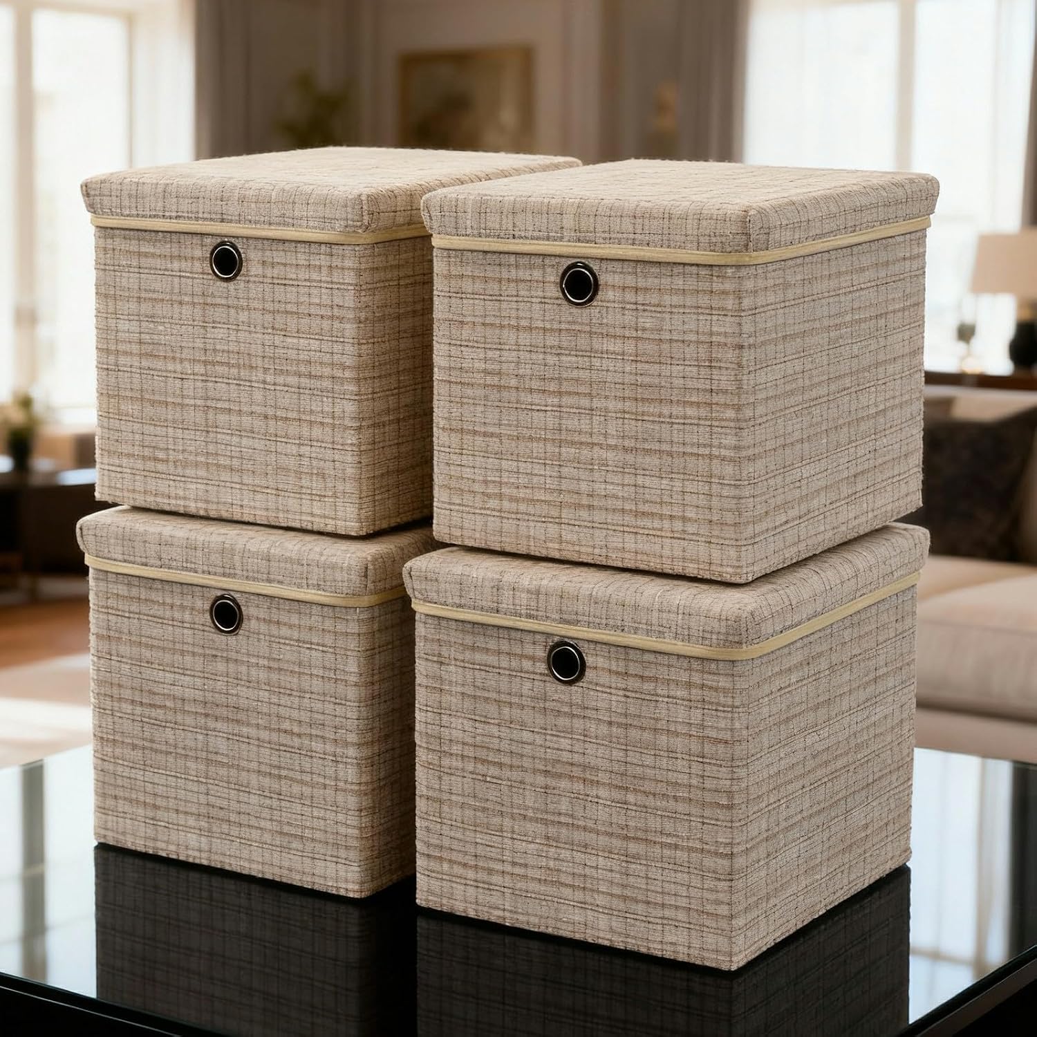 4 Pack Shining Beige Lidded Collapsible Fabric Storage Cubes