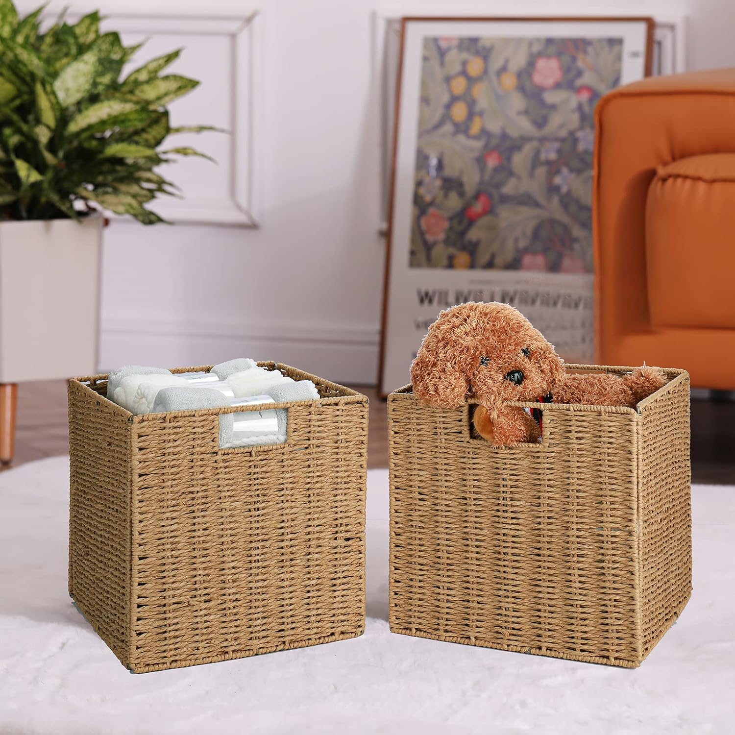 2 Pack Large Foldable Wicker Cube Storage Baskets