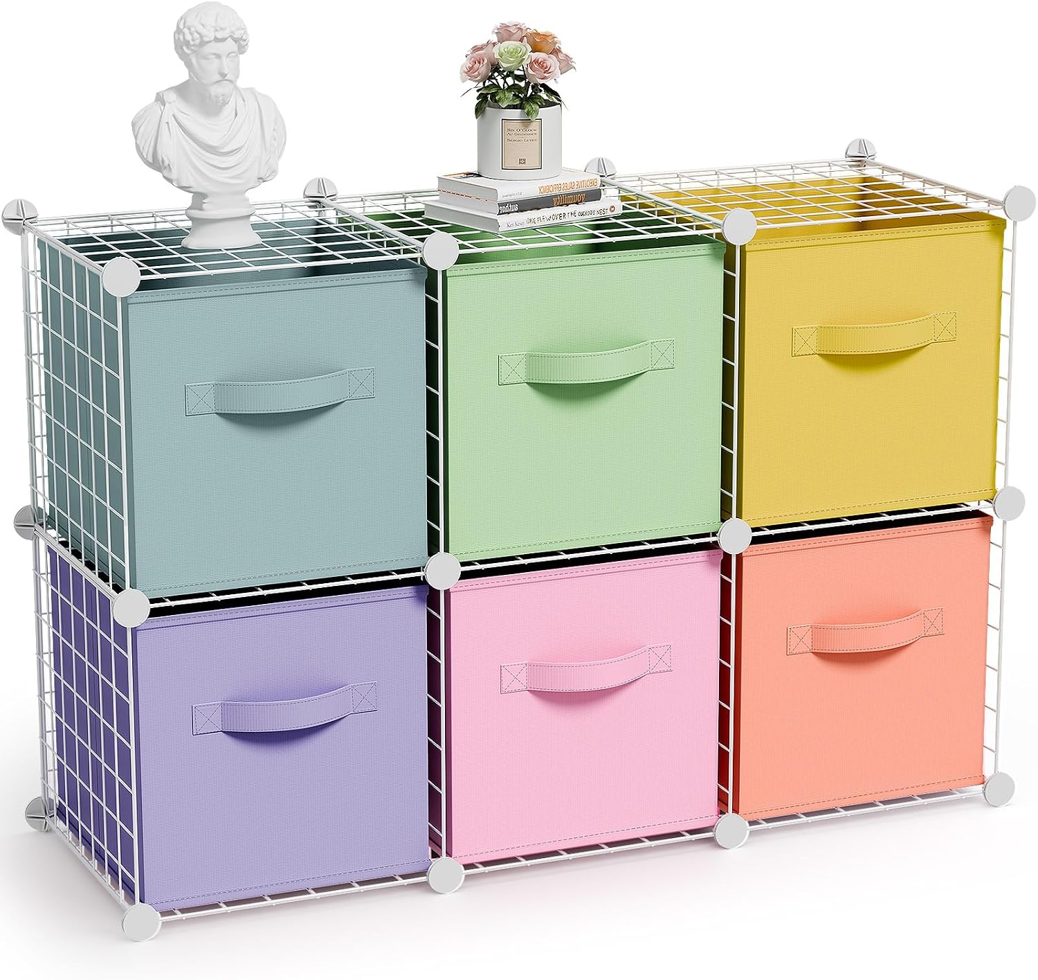6 Cube White Modular Storage Organizer With Fresh Color Fabric Bins