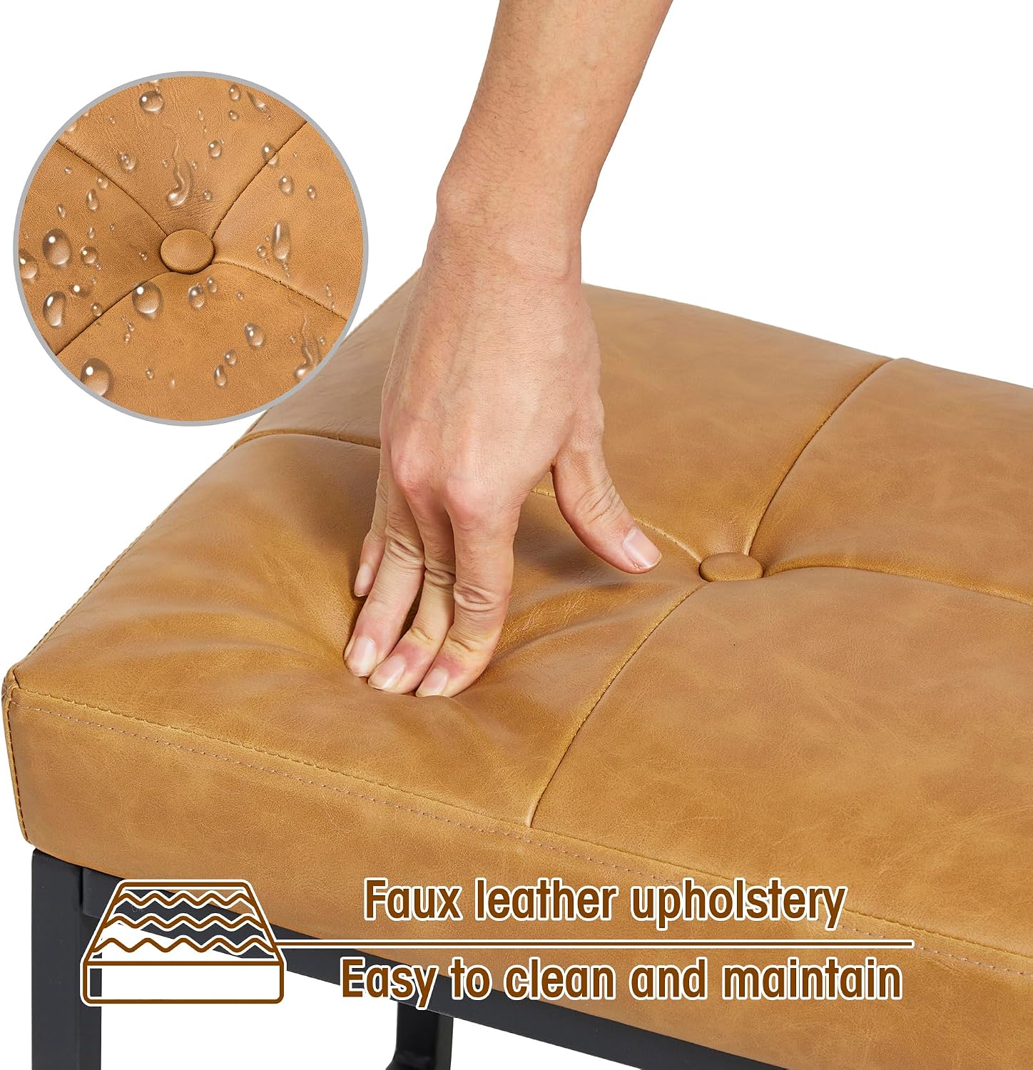 Light Brown PU Leather Metal Frame Vanity Ottoman Stool