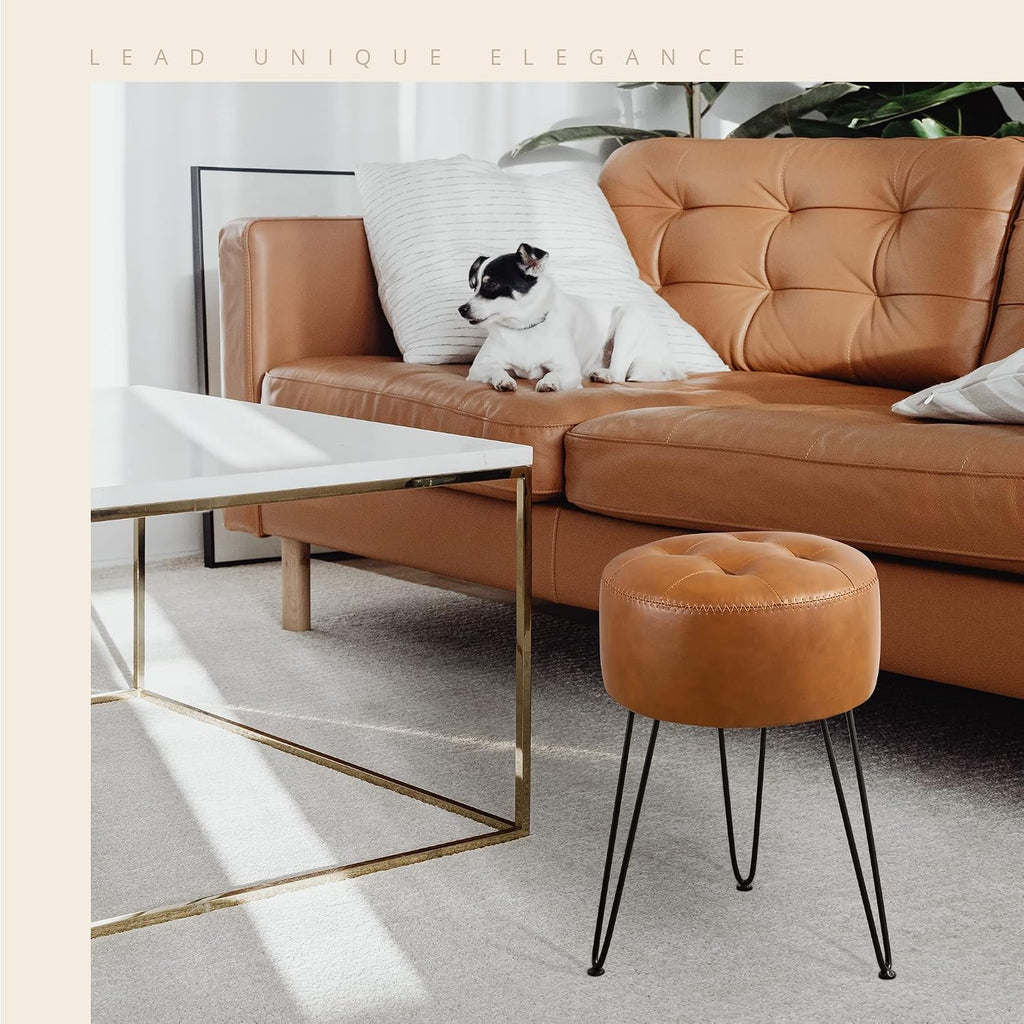 Brown Tufted Metal Leg Faux Leather Vanity Stool