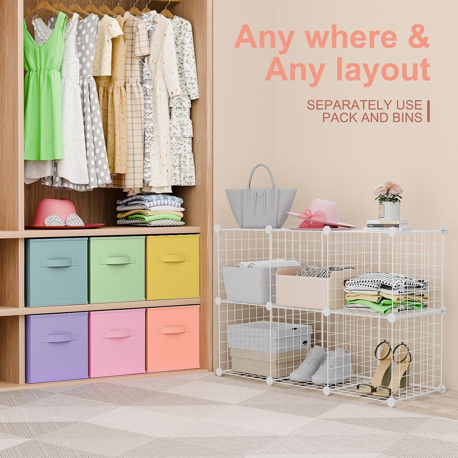 6 Cube White Modular Storage Organizer With Fresh Color Fabric Bins
