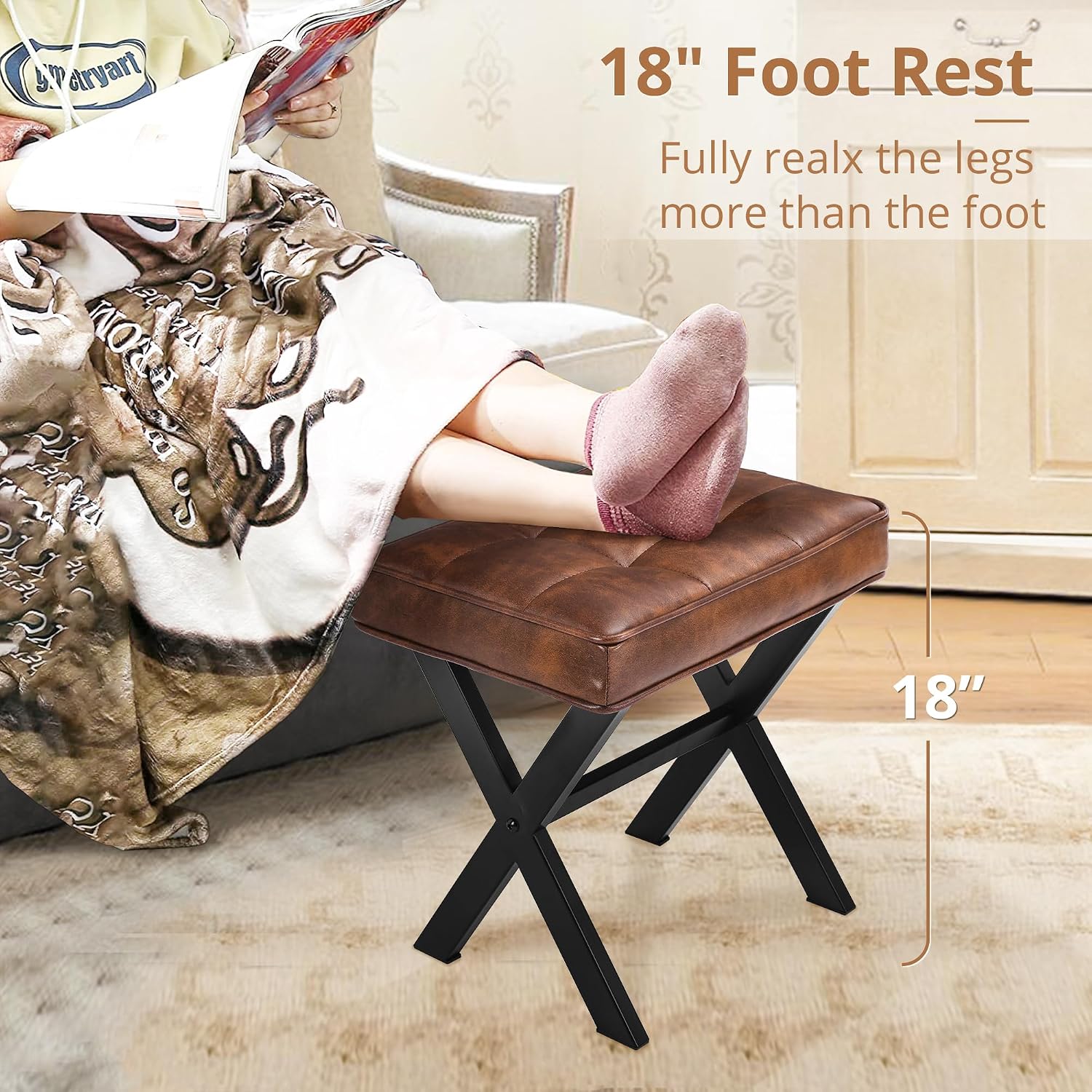 Reddish Brown Square Faux Leather X-Leg Vanity Stool