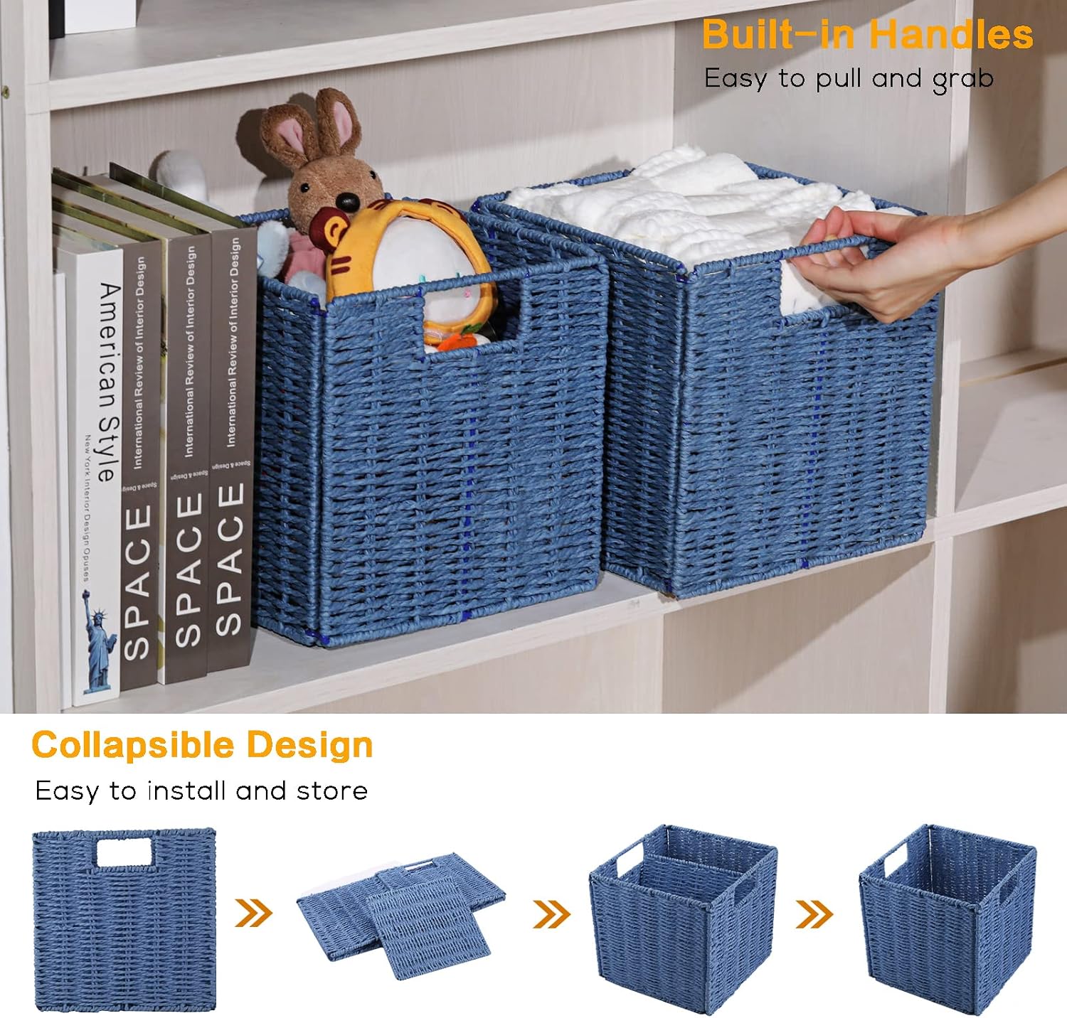 2 Pack Blue Foldable Large Wicker Cube Storage Baskets