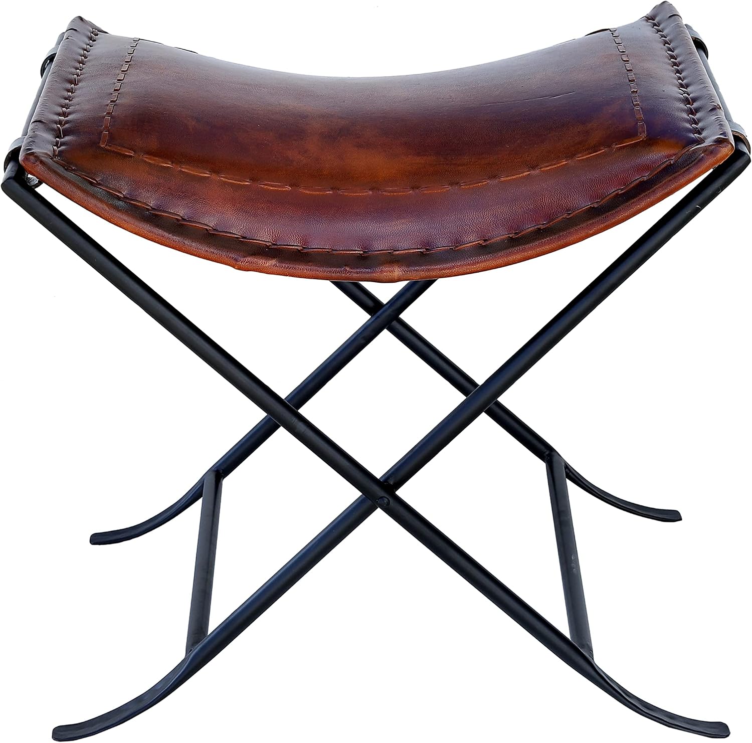 Brown Stitched Classical Leather Stool Bench