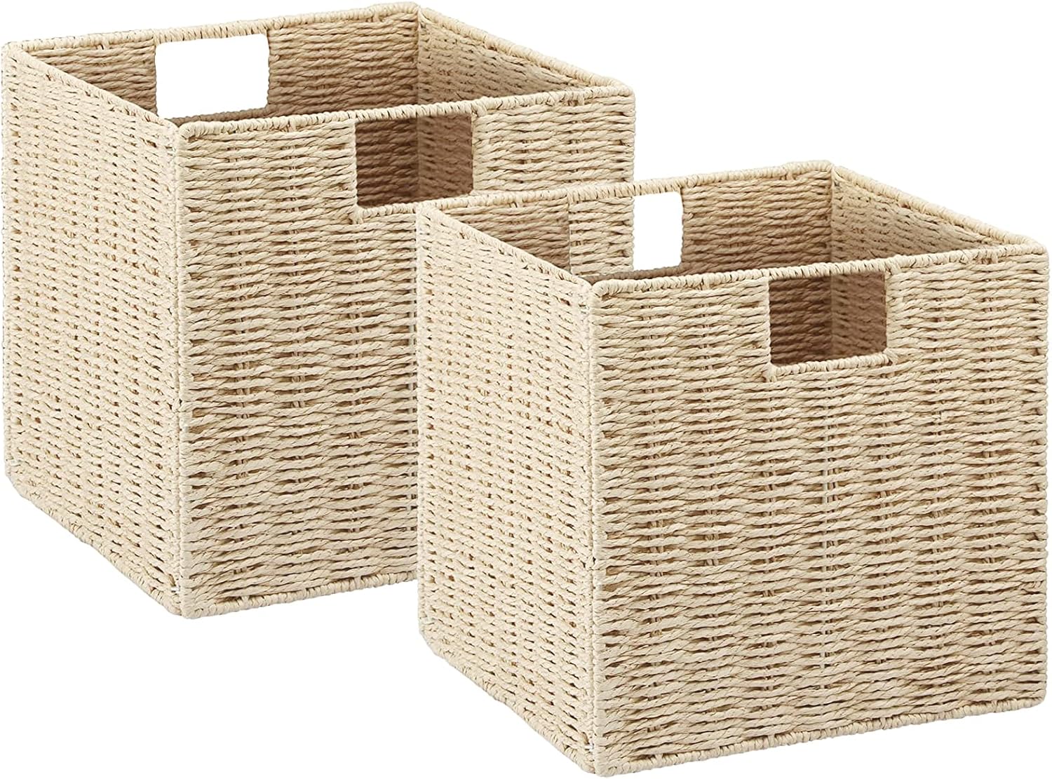 2 Pack Beige Foldable Wicker Cube Storage Baskets