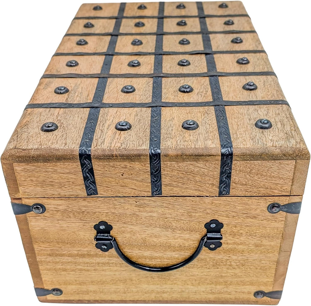 Wooden Rustic Treasure Chest Jewelry Storage Box With Iron Lock & Key