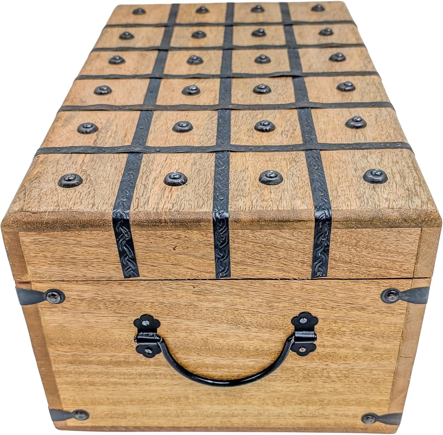 Wooden Rustic Treasure Chest Jewelry Storage Box With Iron Lock & Key