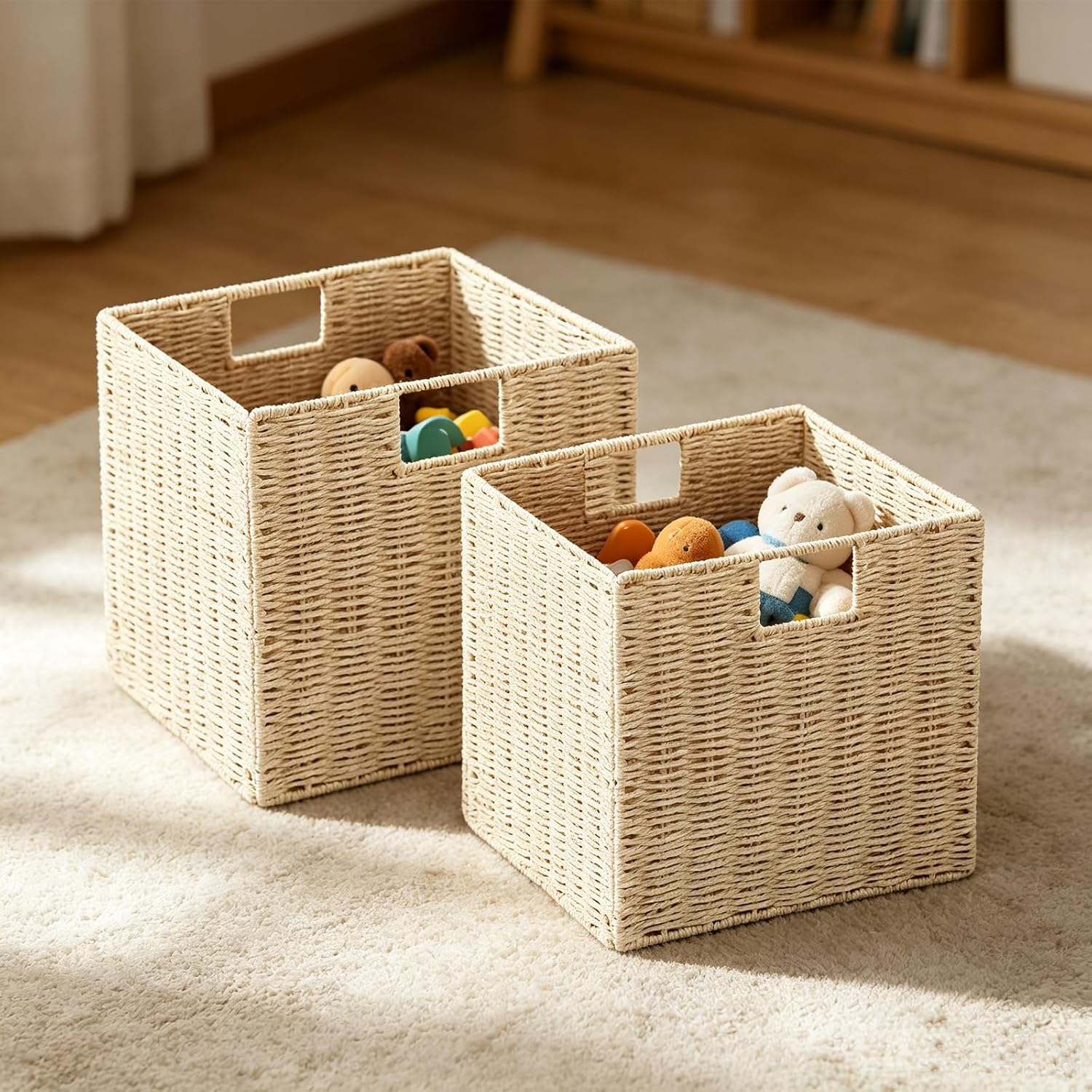 2 Pack Beige Foldable Wicker Cube Storage Baskets