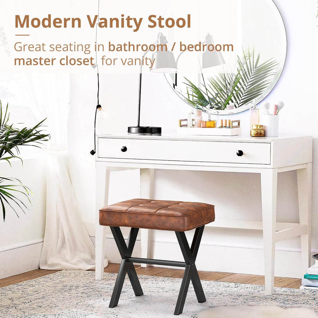 Reddish Brown Square Faux Leather X-Leg Vanity Stool