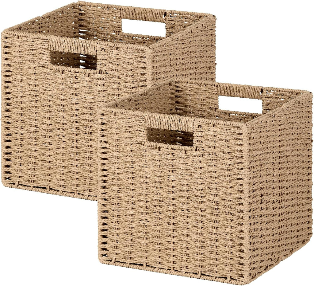 2 Pack Natural Beige Paper Rope Wicker Storage Cubes