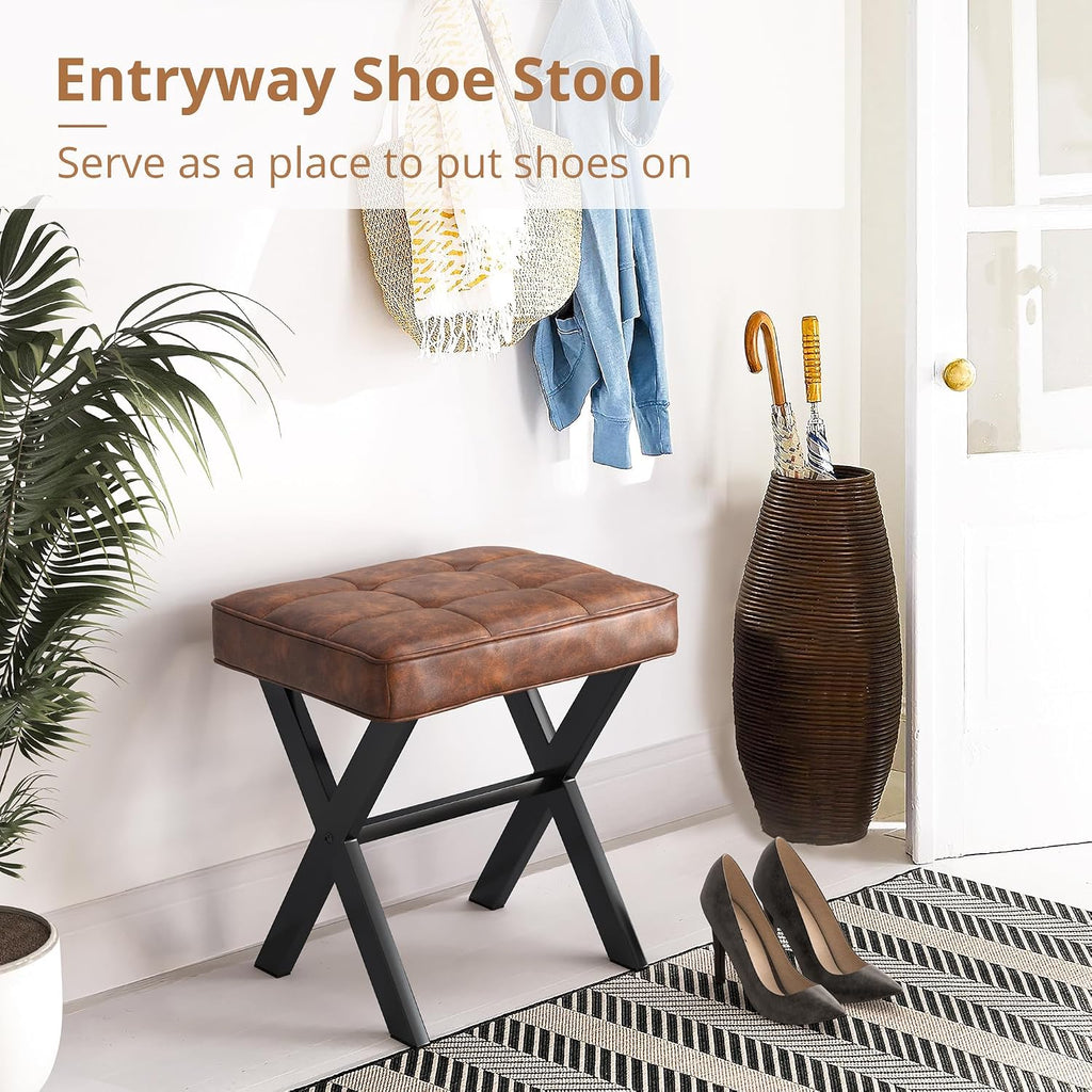 Reddish Brown Square Faux Leather X-Leg Vanity Stool