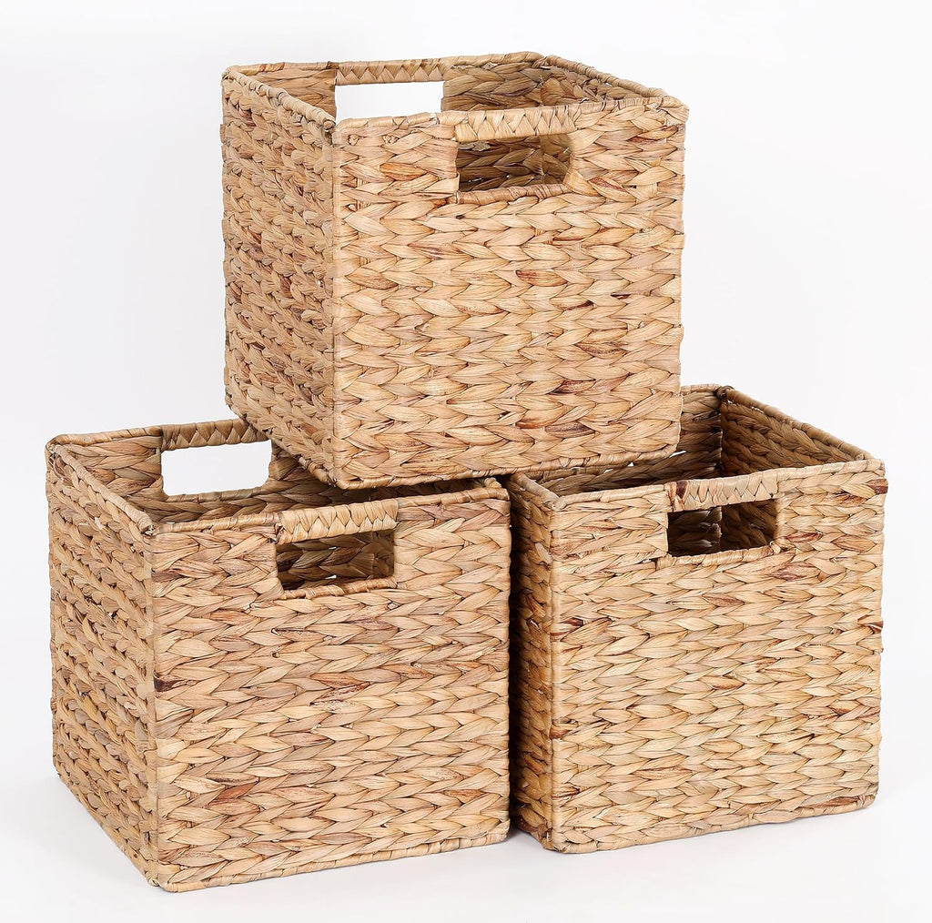 3 Pack Water Hyacinth Woven Cube Storage Baskets
