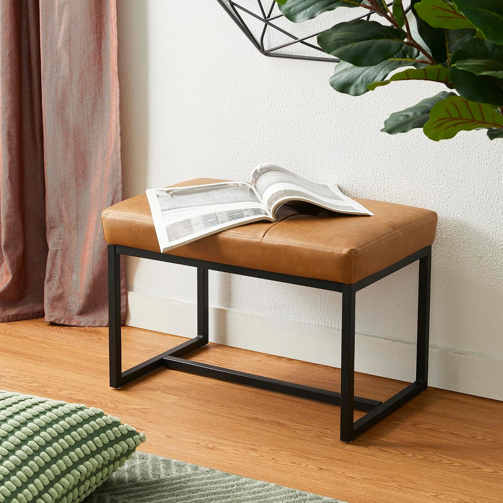 Light Brown PU Leather Metal Frame Vanity Ottoman Stool