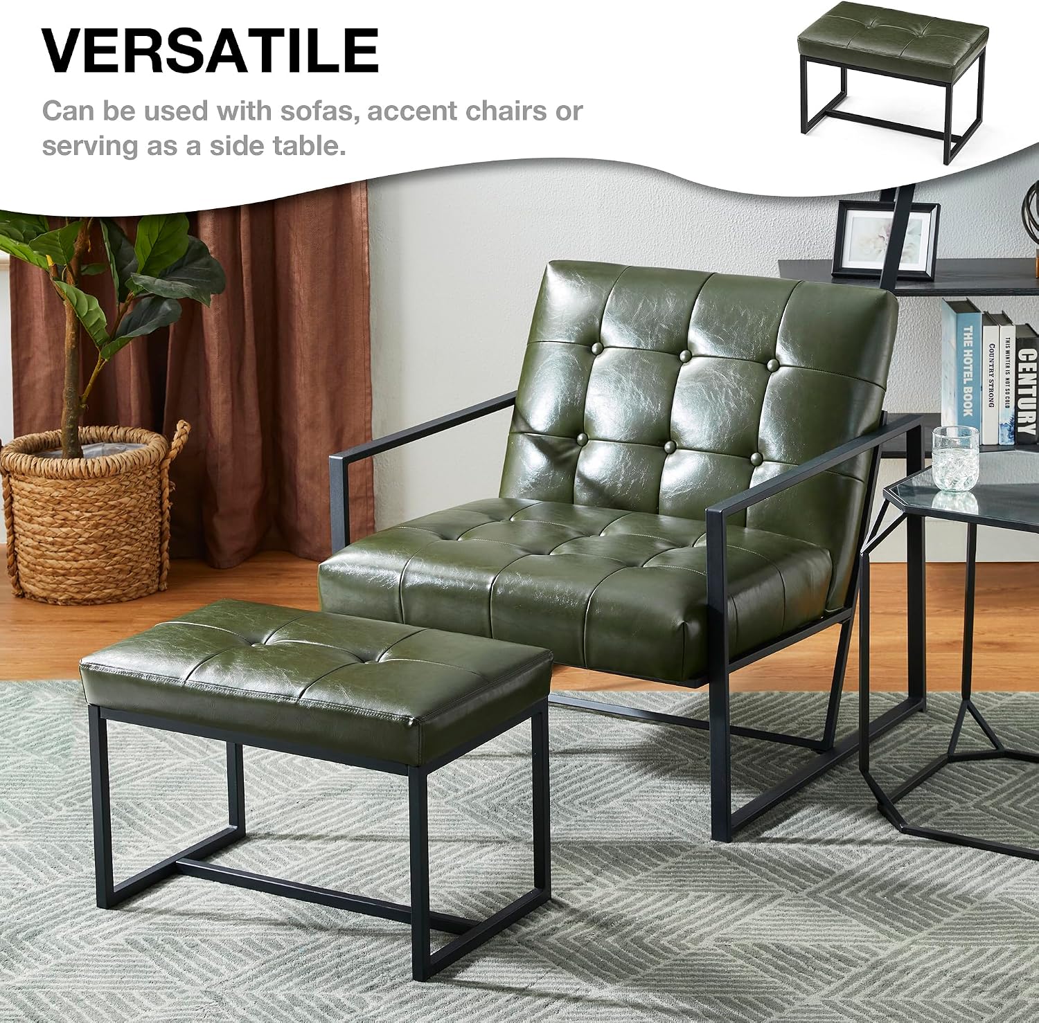2 Pack Green PU Leather Metal Frame Vanity Ottoman Stools