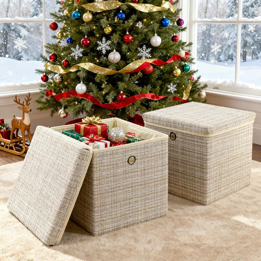 4 Pack Shining Beige Lidded Collapsible Fabric Storage Cubes