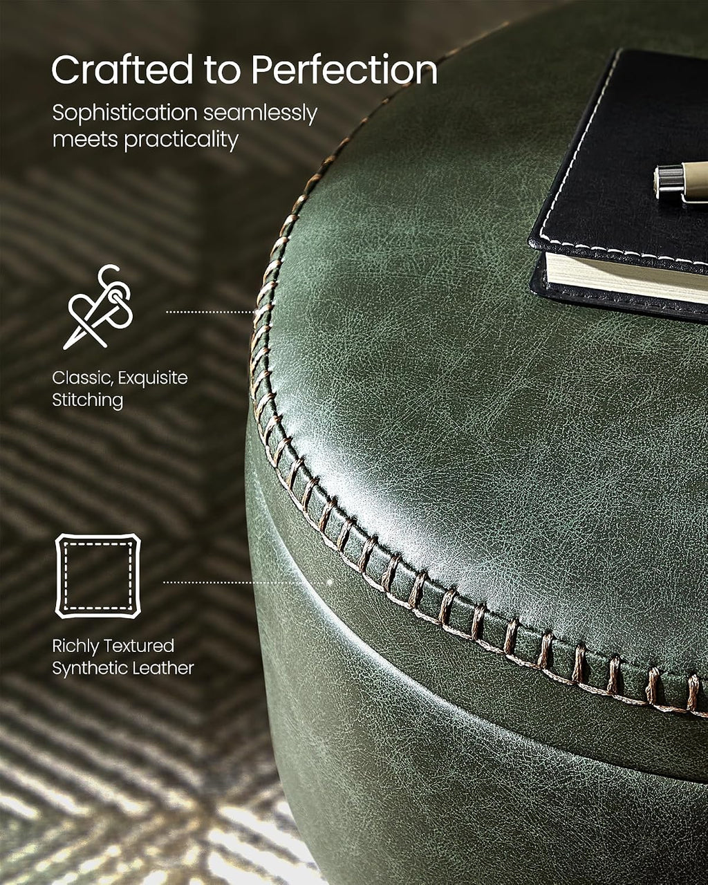 Forest Green Round Stitched Faux Leather Storage Ottoman