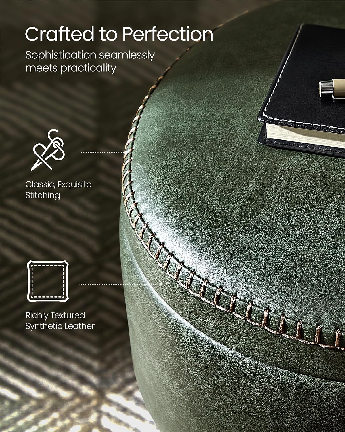 Forest Green Round Stitched Faux Leather Storage Ottoman